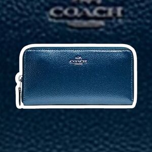 (NWT) COACH® Metallic Pebble Leather Accordion Zip Wallet - Metallic Navy